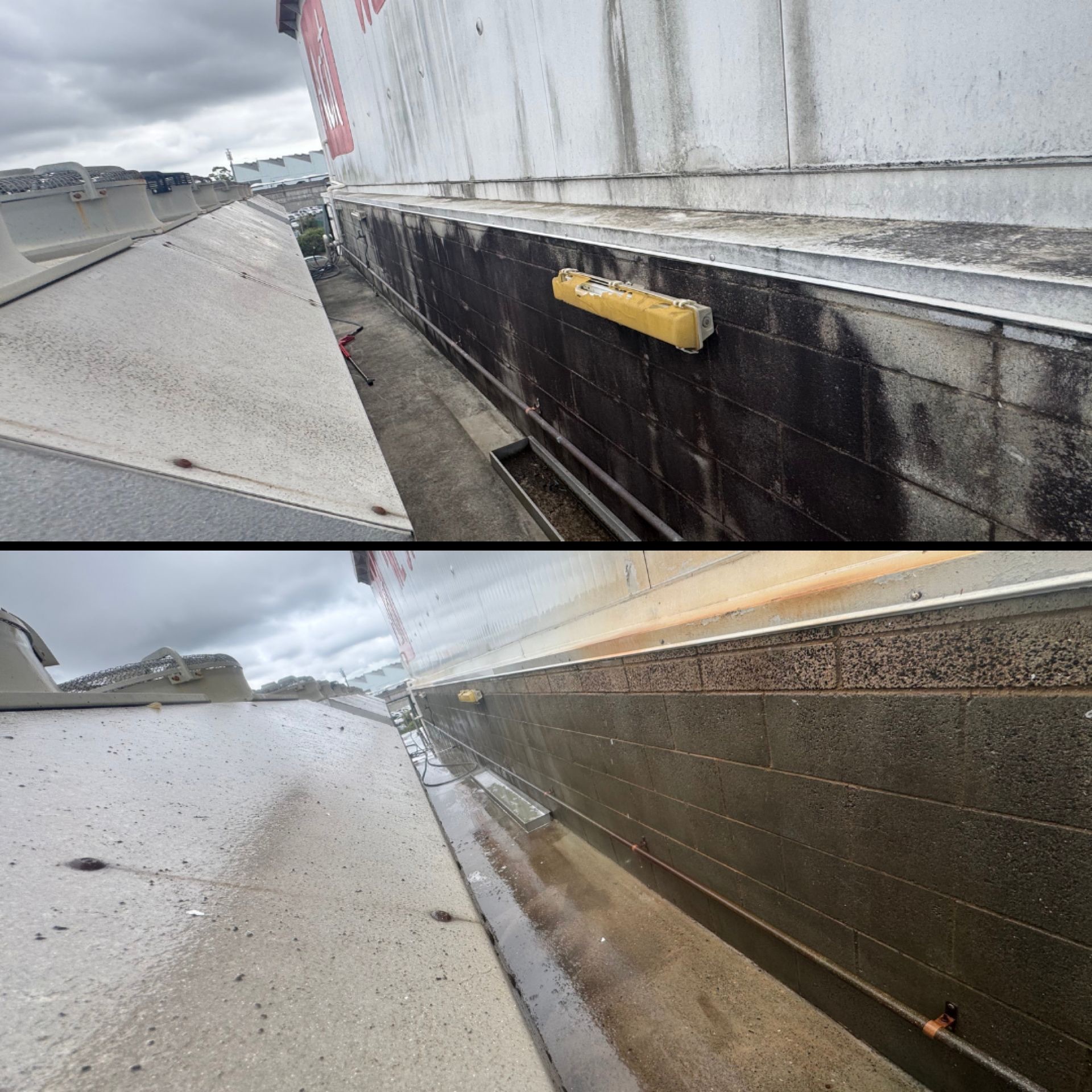 Before and after of a breeze block wall section at the Acit commercial facility — heavy black mould and organic contamination across the breeze blocks at top, fully cleaned breeze block surface with the mould removed and the original block colour visible at bottom