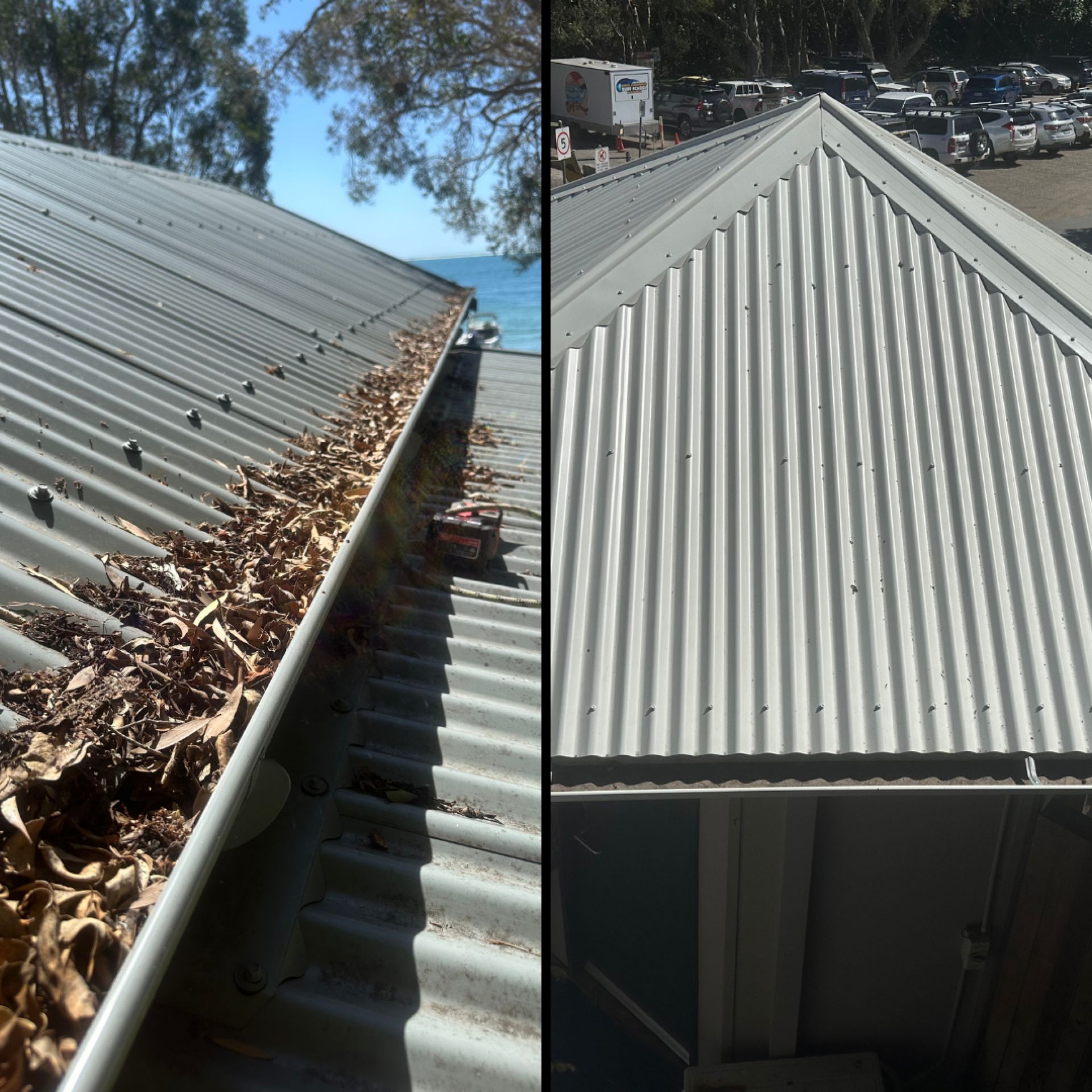 Before and after of a campsite building gutter on North Stradbroke Island — gutter completely full of brown leaves and bushland debris with ocean visible in background at left, clean Colorbond roof with empty gutters and the campsite carpark visible at right