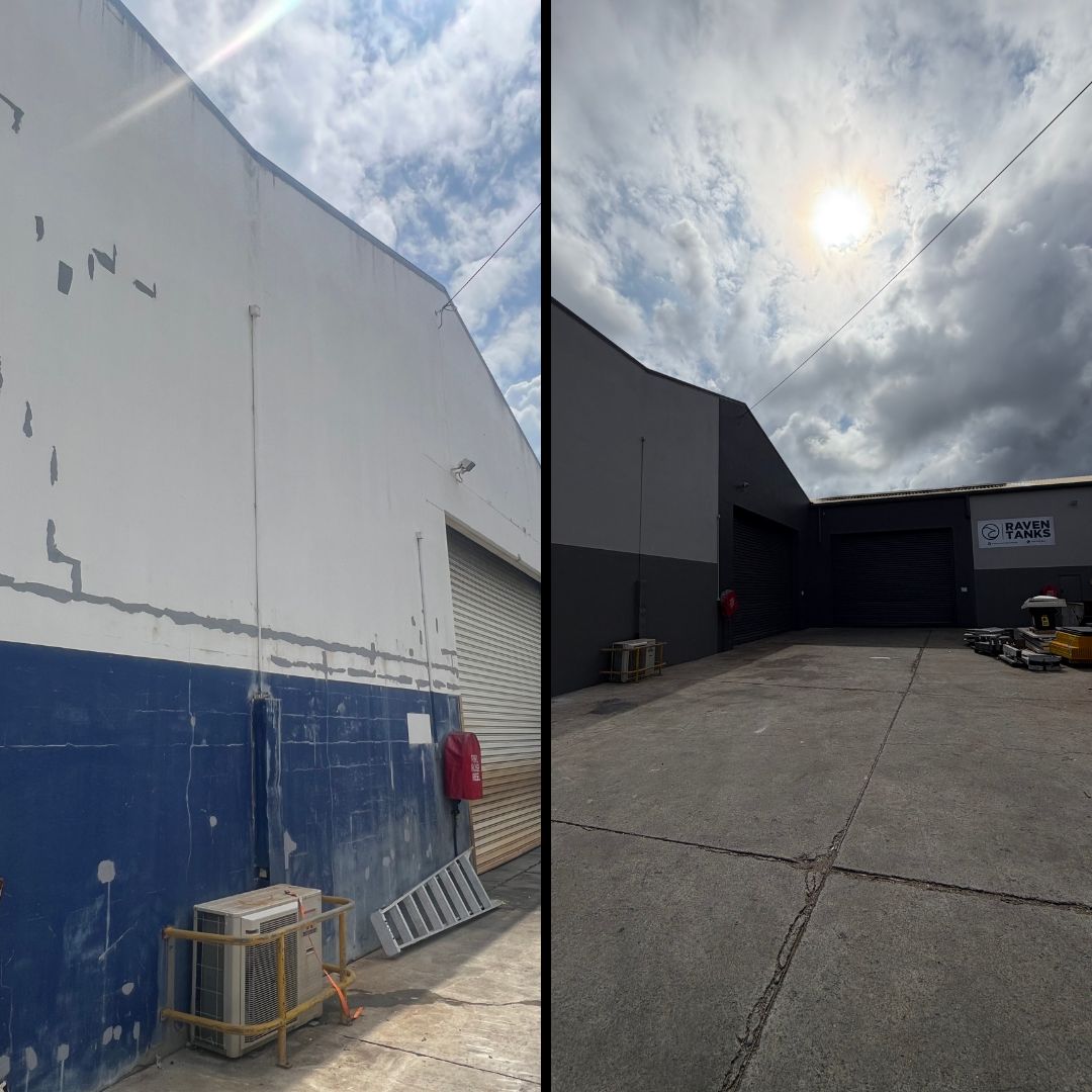 Before and after detail of the Raven Tanks facility side wall — blue and white painted render with visible cracks and deterioration at left, fully restored charcoal commercial finish with clean driveway forecourt at right