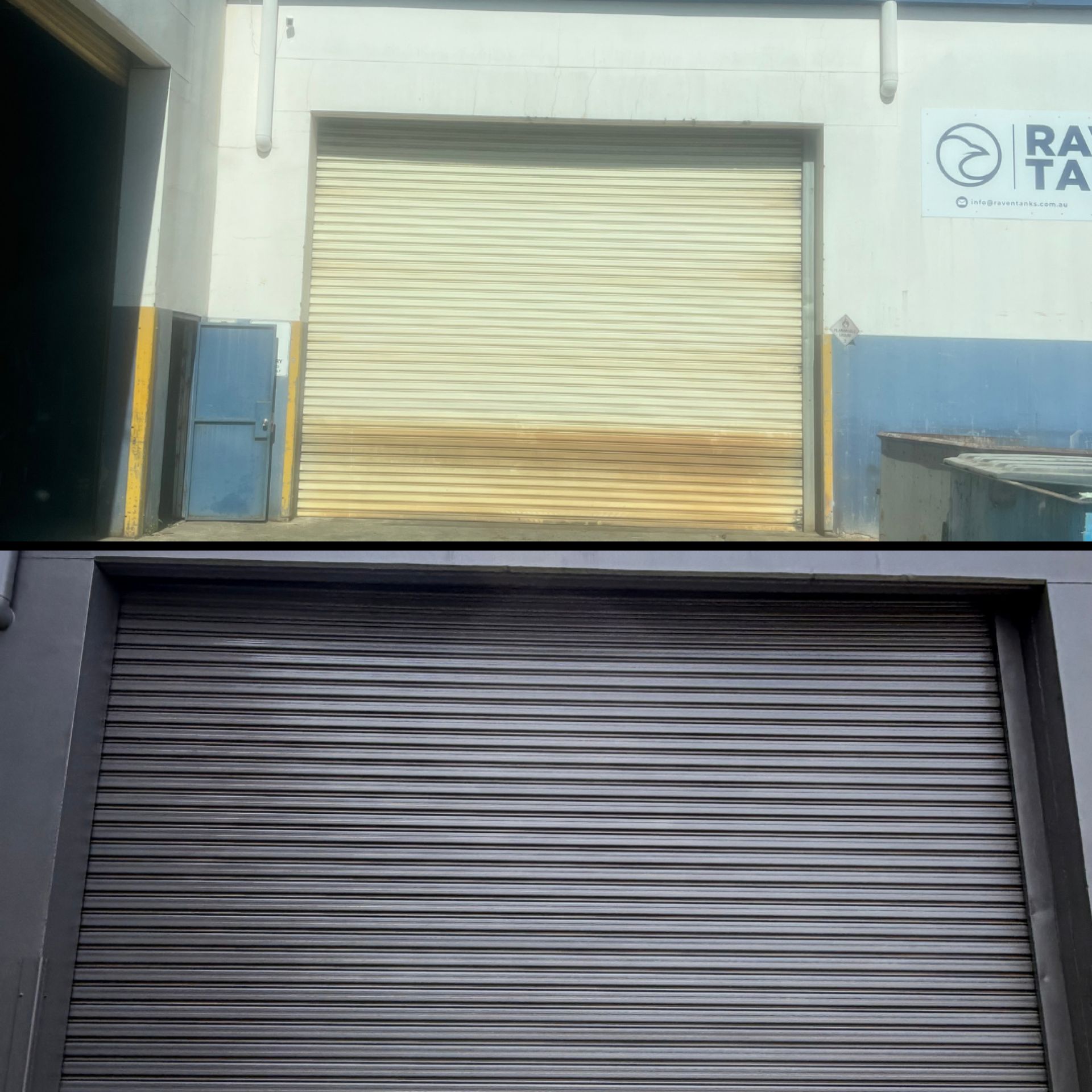 Before and after close-up of one of the Raven Tanks facility roller garage doors — heavily weathered cream roller door with rust staining and dirt buildup at top, fully restored deep charcoal painted roller door with even uniform finish at bottom